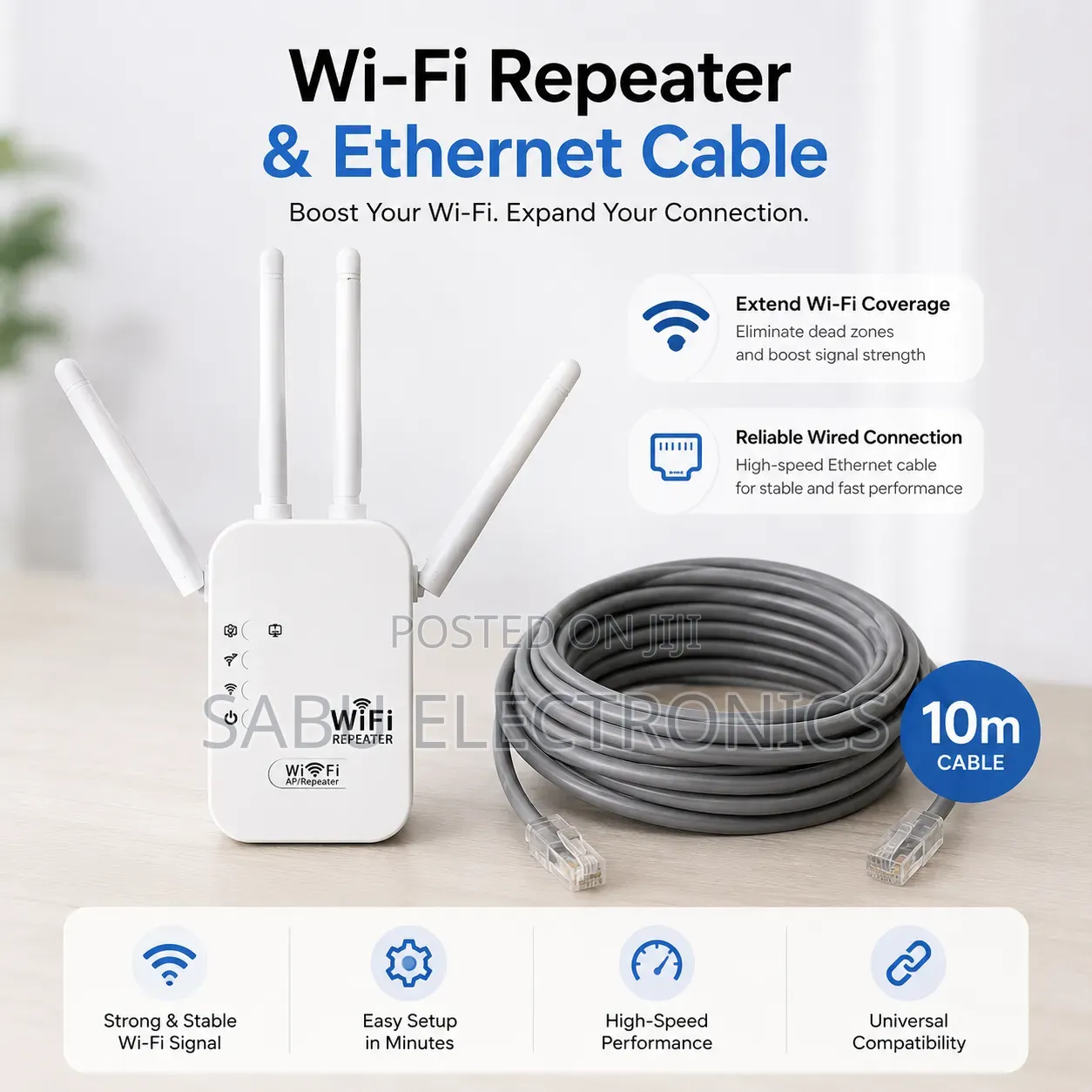 Wifi Repeater + 10m Ethernet Cable Package - Wifi Range Extender