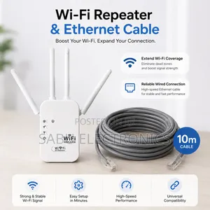 Wifi Repeater + 10m Ethernet Cable Package - Wifi Range Extender