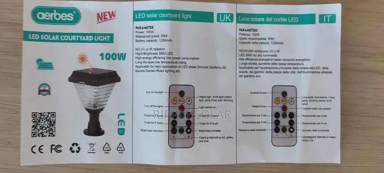 Aerbes Ab-Ty138 Solar Garden Light 100w RGB Outdoor Landscape Lamp