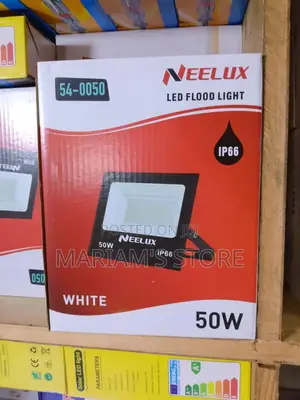 Neelux 50w Led Flood Light Packaged in a Red and White Box.
