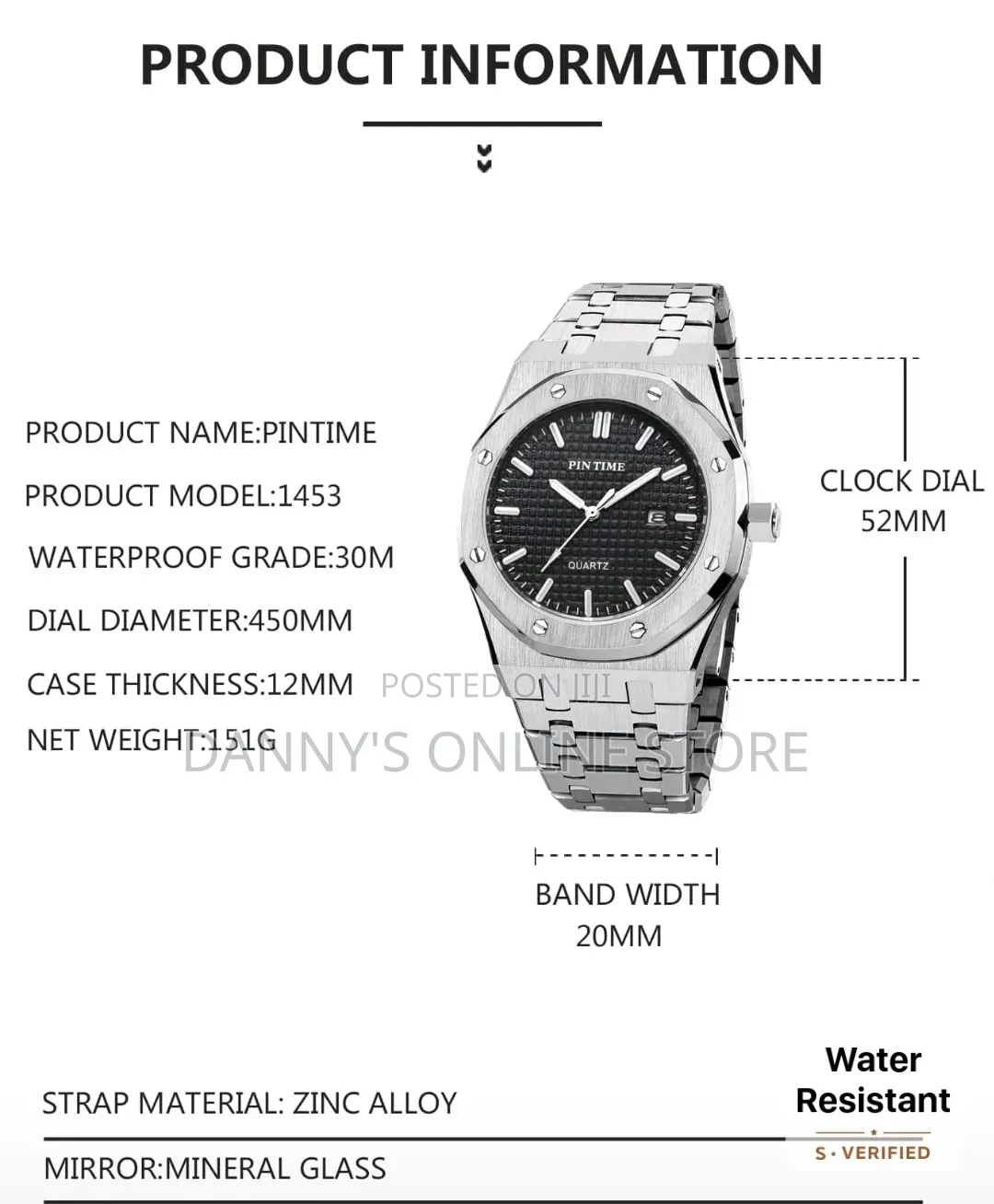 Pintime Octagonal Screw Casual Waterproof Quartz Watch.