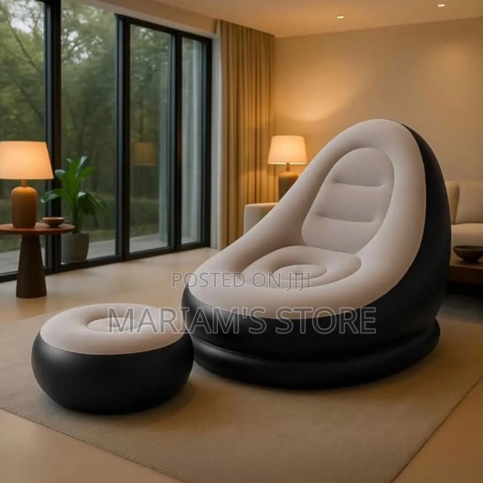 Black and Beige Inflatable Lounge Set Includes a Matching Ottoman