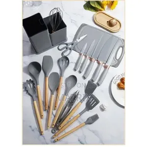 Silicone Kitchen Utensil and Knife Set With Wooden Handles