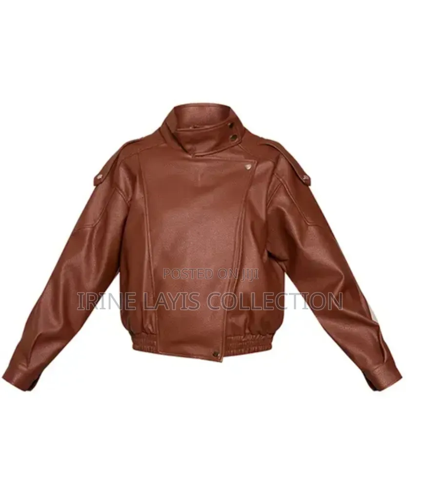Lady's High Funnel Neck Leather Jacket.