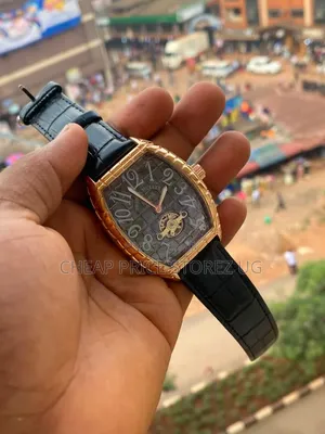 This Franck Muller-Style Wristwatch Features Black Leather Strap.
