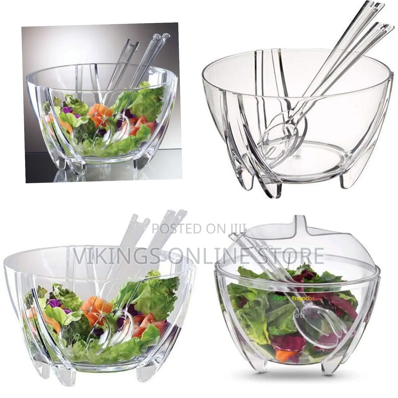 Acrylic Clear Serving Salad Bowl With Servers Spoons and Lid Cover