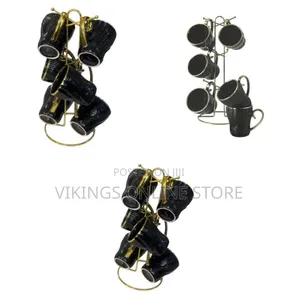 6 Piece Lined Ceramic Gold Line Cups Mugs Set With Golden Handle