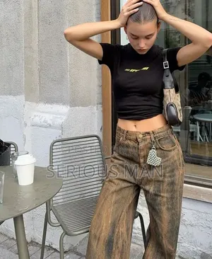 Brown Acid-Wash Wide-Leg Jeans
