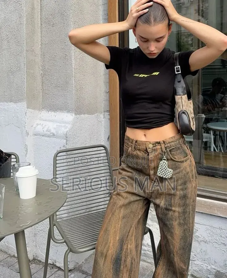 Brown Acid-Wash Wide-Leg Jeans
