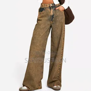Brown Acid-Wash Wide-Leg Jeans