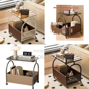 2-Tier Night Stand With Metal Frame and Wheels, Small End Table Living