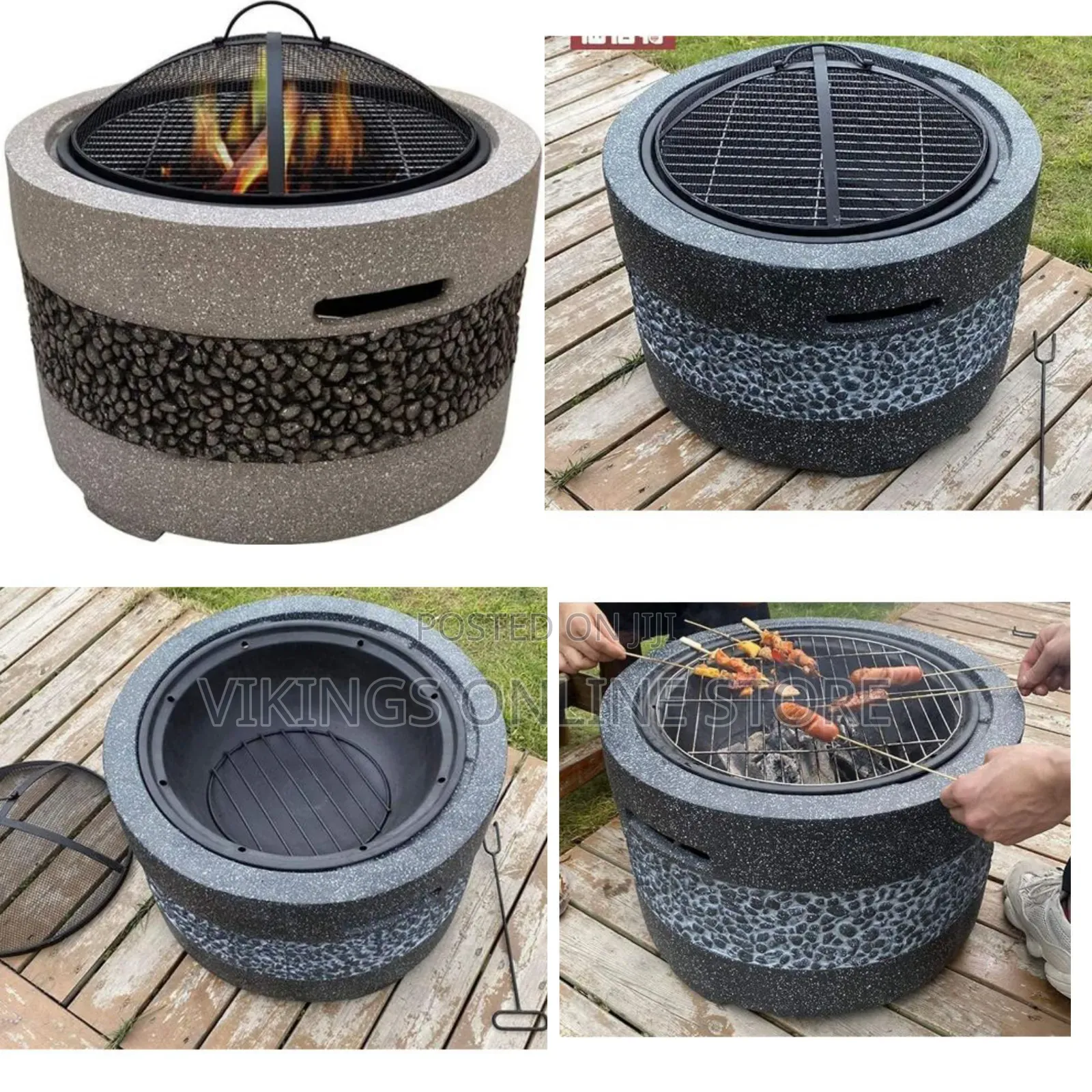 Large Artificial Stone Barbecue Fire Pit Fire Bowl With Grill Gray