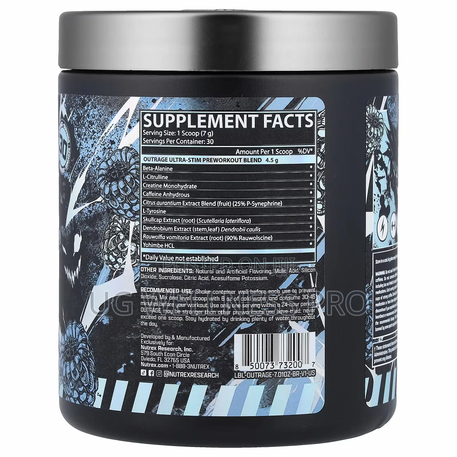 Outrage, Ultra Stim Pre Workout, Blue Raspberry 98.66g 30 Servings