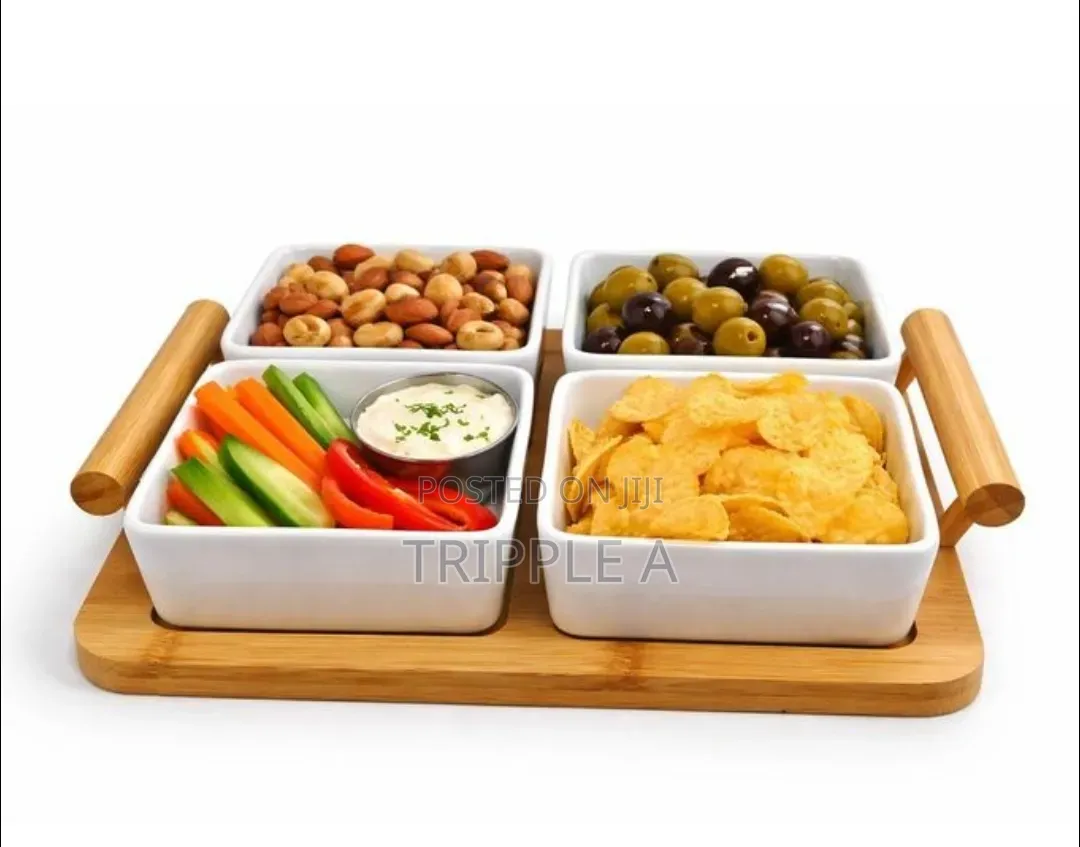 Ceramic Divided Serving Dishes and Bamboo Tray