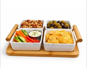 Ceramic Divided Serving Dishes and Bamboo Tray