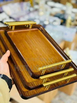 Set of 3pcs Bamboo Wooden Trays With Golden Handles - Brown