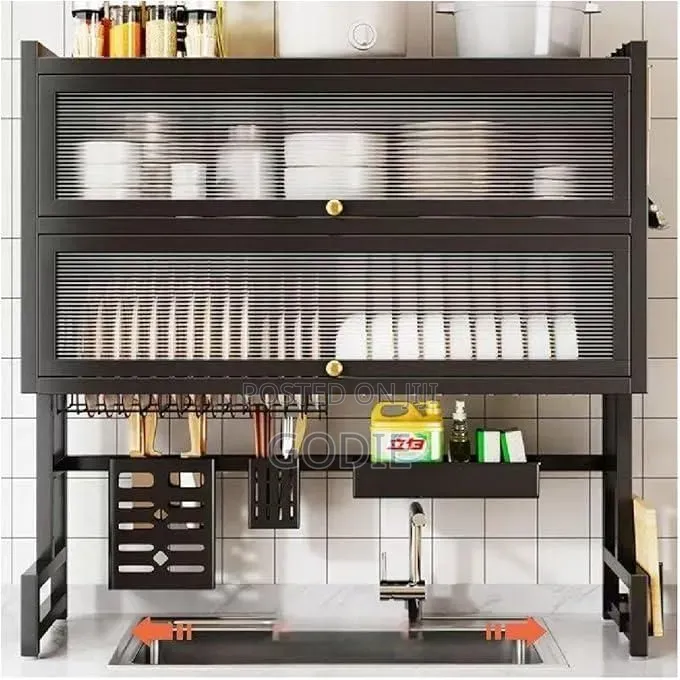 Over-Sink Dish Drying Rack With a 2-Tier Enclosed Cabinet Design.