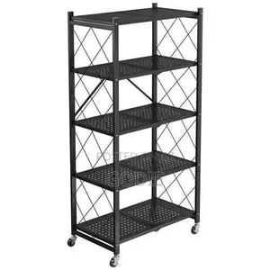 5-layer Foldable Storage Rack Constructed From Black Metal.