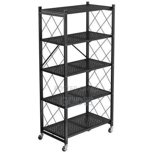 5-layer Foldable Storage Rack Constructed From Black Metal.