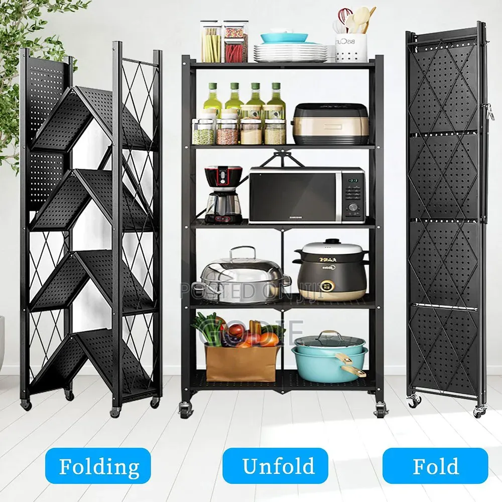 5-layer Foldable Storage Rack Constructed From Black Metal.