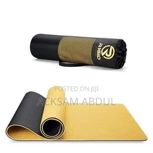 Rigid Fitness Tpe Yoga Mat in a Gold and Black Color Scheme.