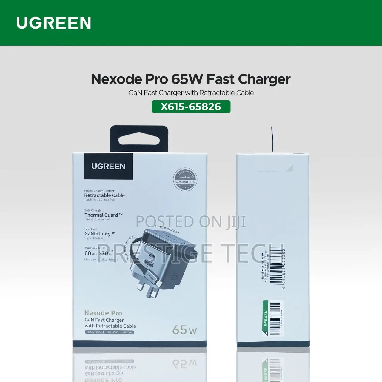 Ugreen 65w Nexode Pro Gan Charger With Retractable Cable, Usb A, Usb C