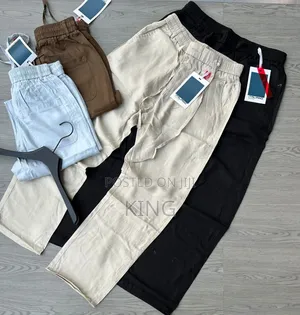 Linen-Blend Trousers. Beige, Black, Brown, and Light Blue