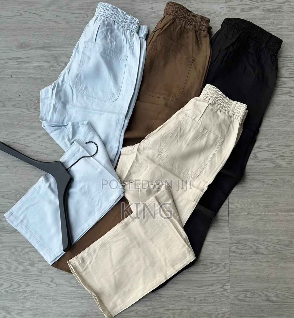 Linen-Blend Trousers. Beige, Black, Brown, and Light Blue