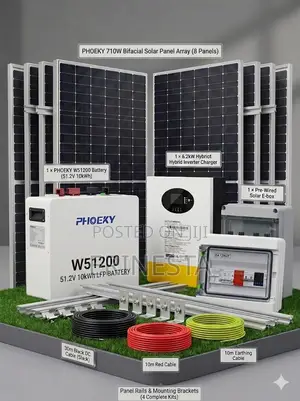 10kwh 51.2v Lifepo4 Solar System: 6.2kw Hybrid Inverter 8× 710w Panels