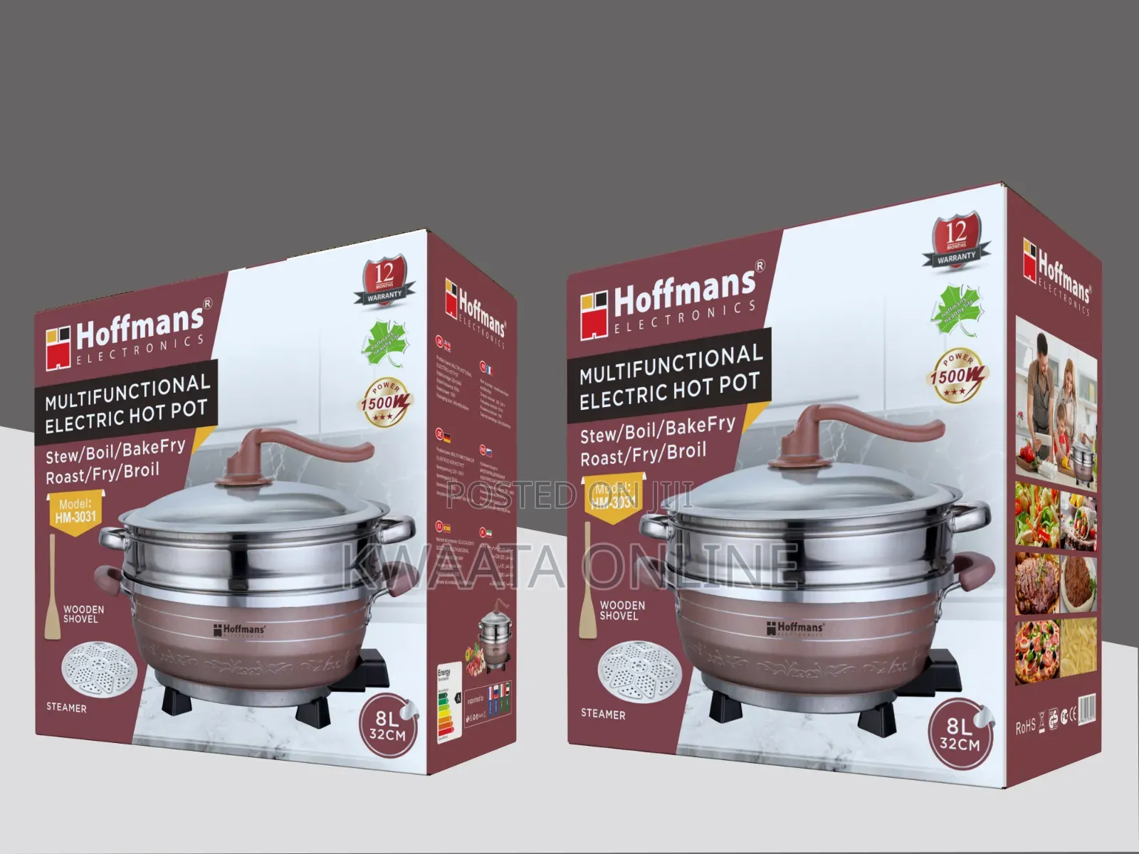 Hoffmans Electric Hot Pot 32cm Multi-functional, Stew,Broil, Fry,Roast