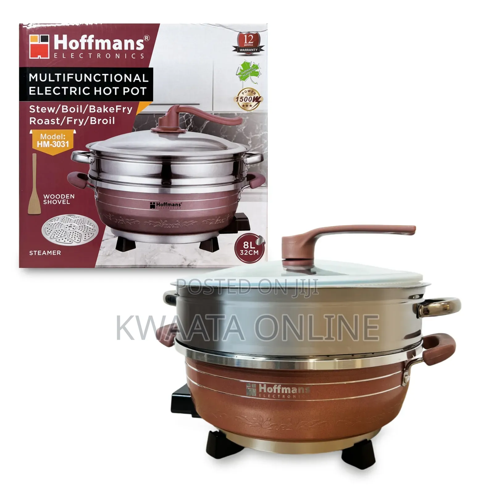 Hoffmans Electric Hot Pot 32cm Multi-functional, Stew,Broil, Fry,Roast