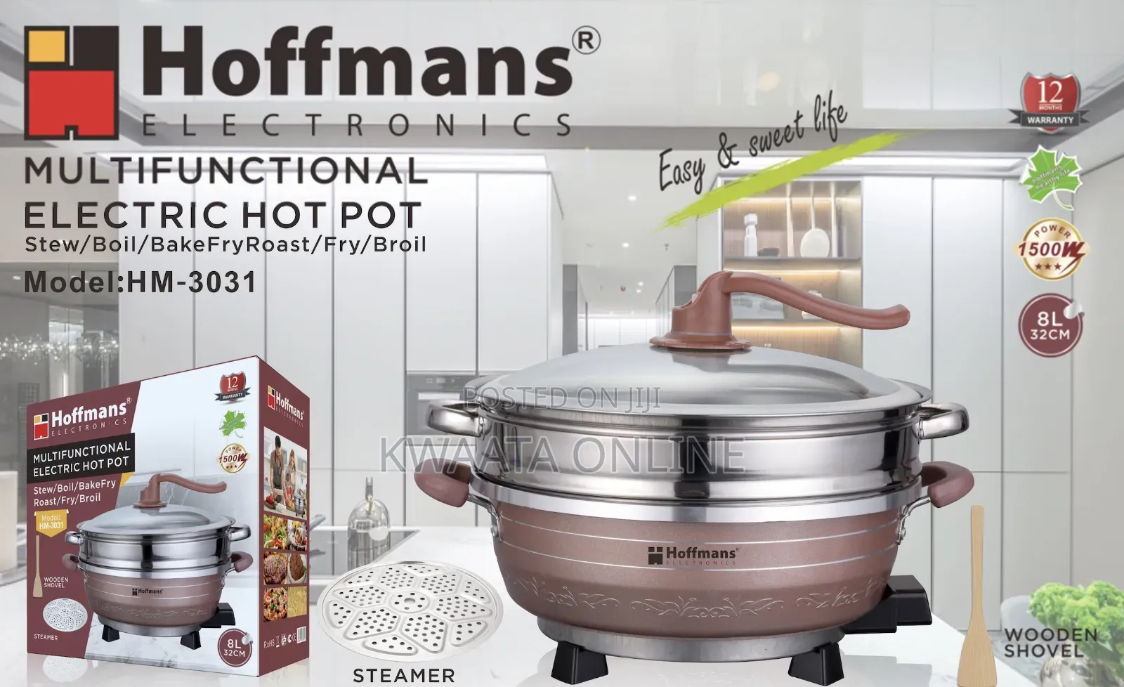 Hoffmans Electric Hot Pot 32cm Multi-functional, Stew,Broil, Fry,Roast