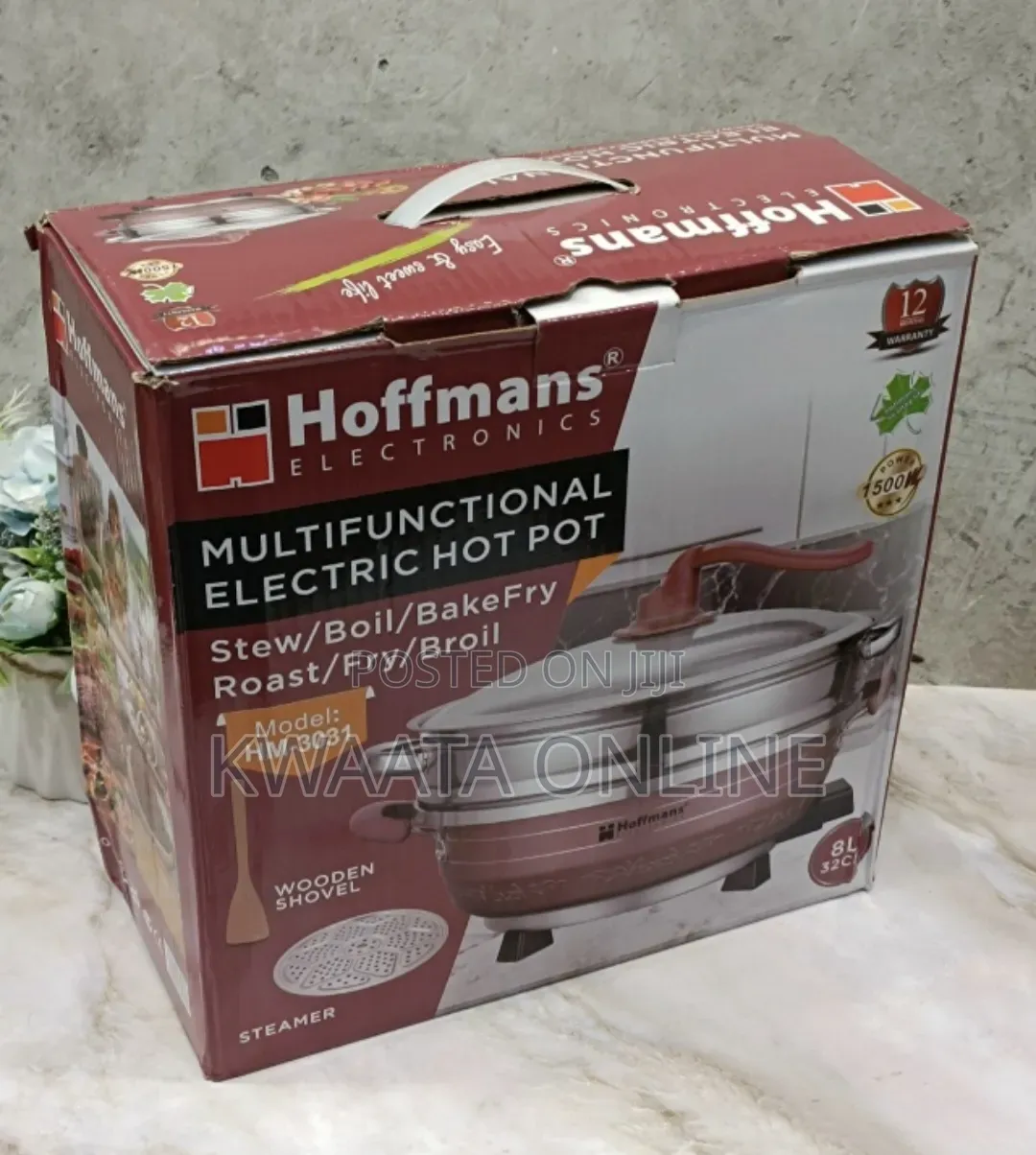 Hoffmans Electric Hot Pot 32cm Multi-functional, Stew,Broil, Fry,Roast