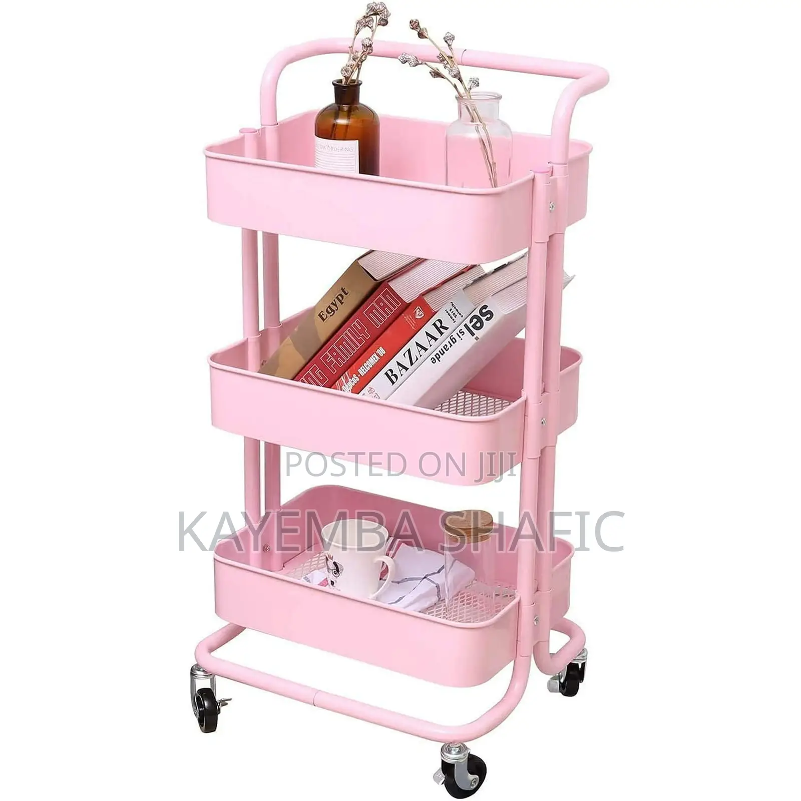 3-Tier Pink Metal Mesh Rolling Utility Storage Cart
