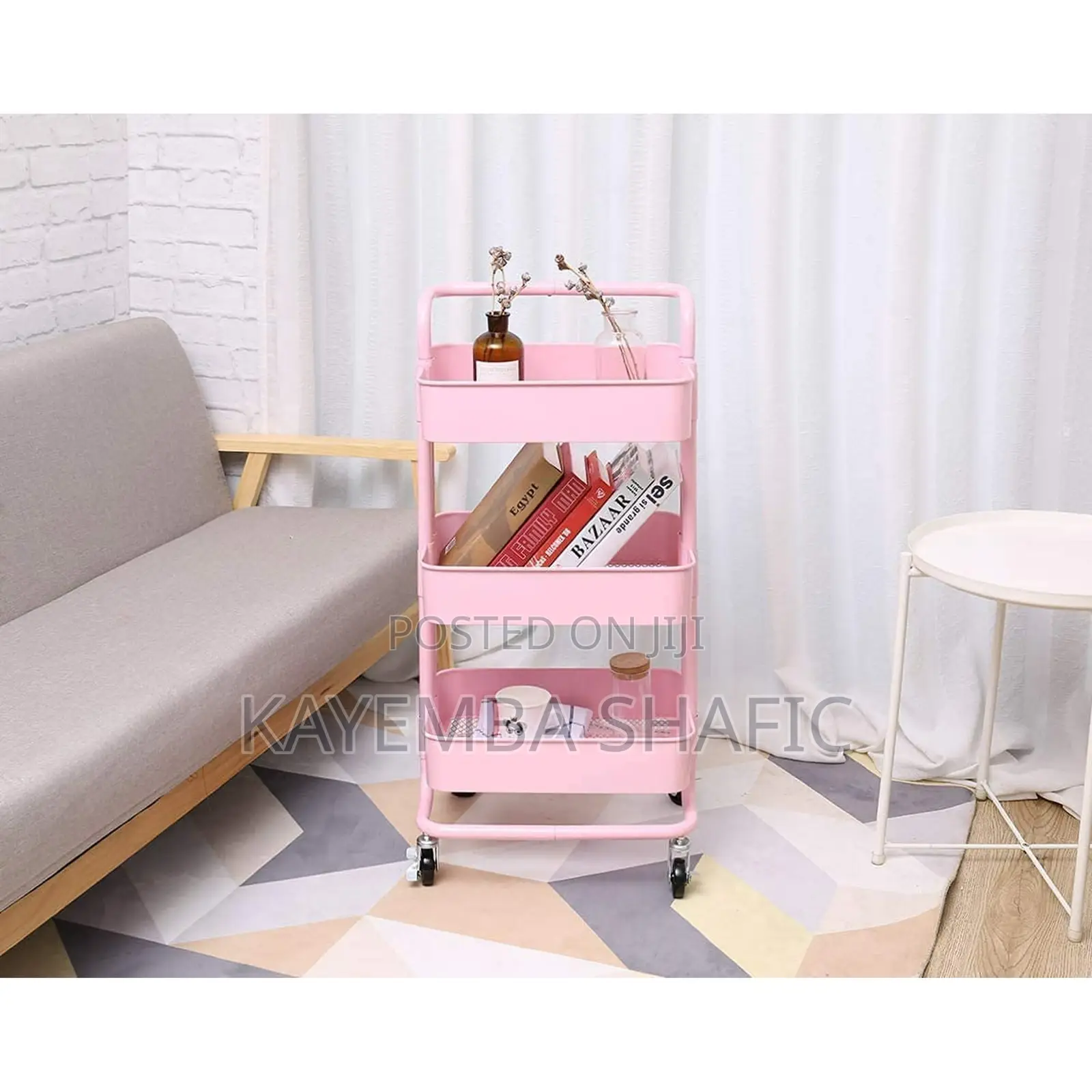3-Tier Pink Metal Mesh Rolling Utility Storage Cart