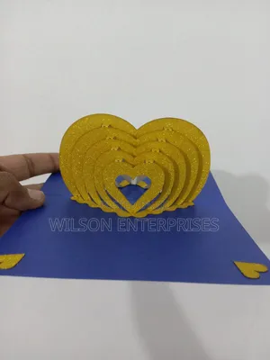 : Handmade 3d Pop-Up Layered Heart (Gold-Blue) Greeting Card