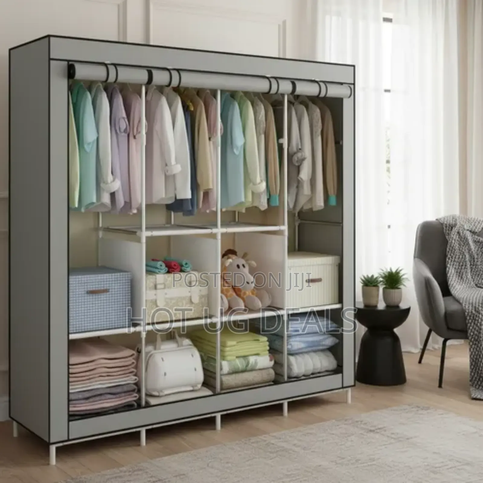 4 Column Metallic Cloth Wardrobe (Not Assembled) - Grey