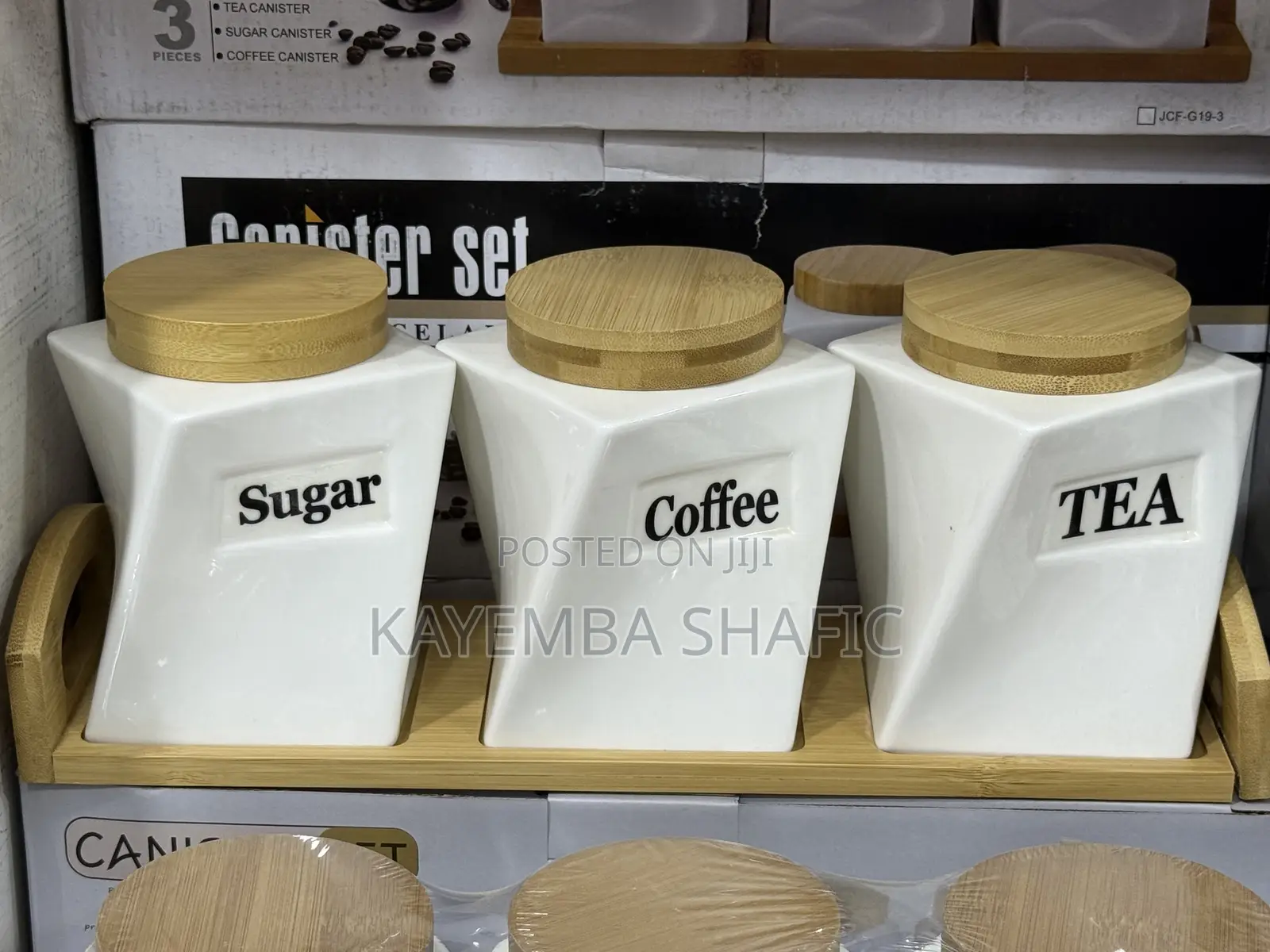 Ceramic Twisted Tea Coffee Sugar 3 Canisters Set With Wooden Tray
