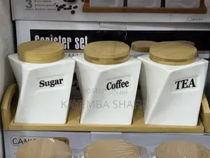 Ceramic Twisted Tea Coffee Sugar 3 Canisters Set With Wooden Tray