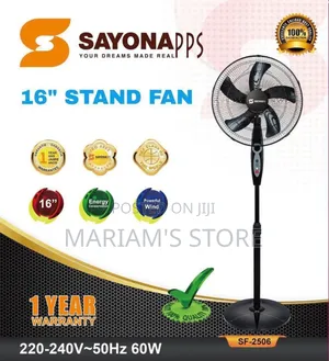 Sayona Sf-2506 16" Stand Fan With a Black Design With Five Blades,.