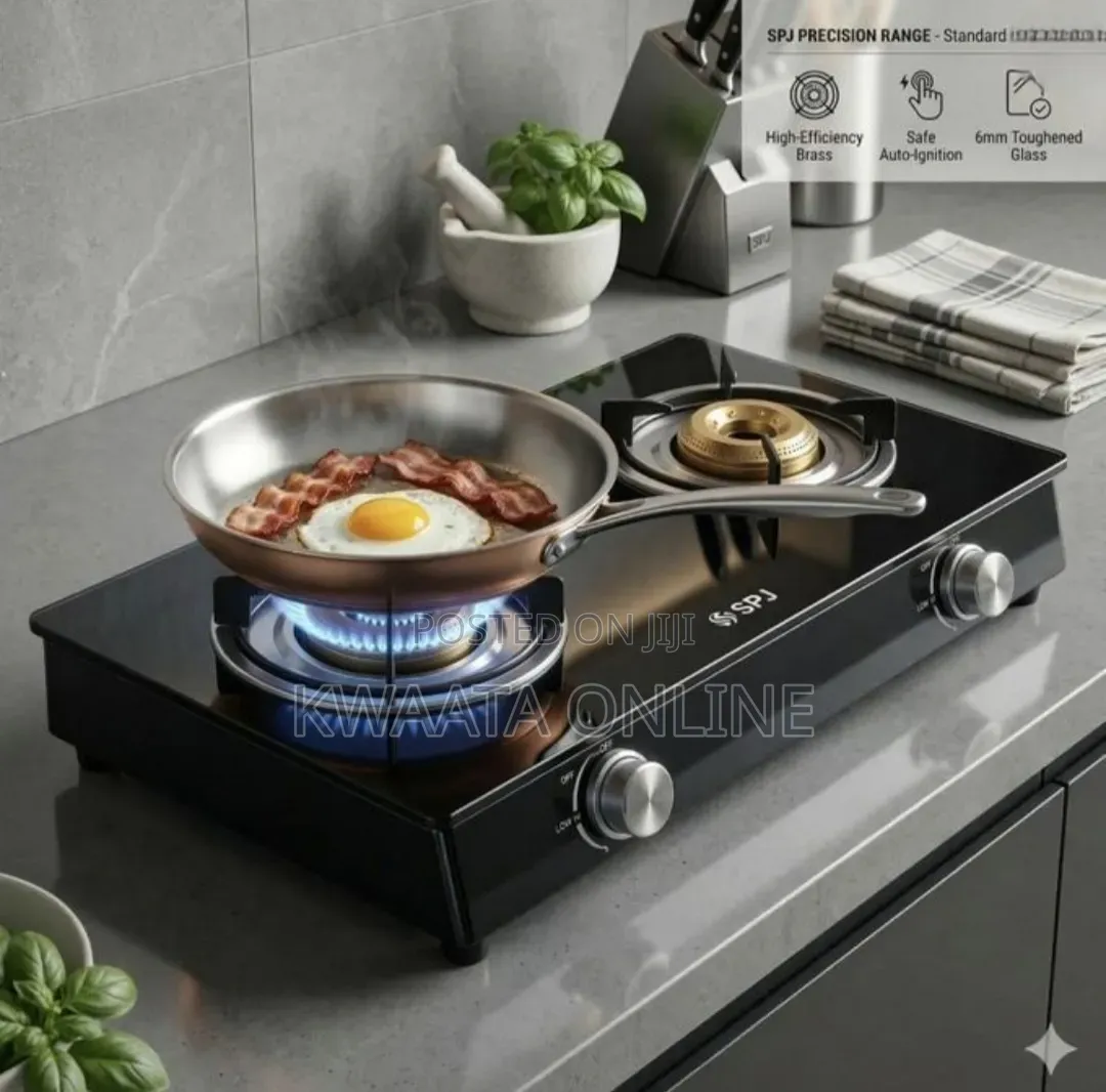SPJ Double Burner Glass Gas Stove With Auto Ignition - Black