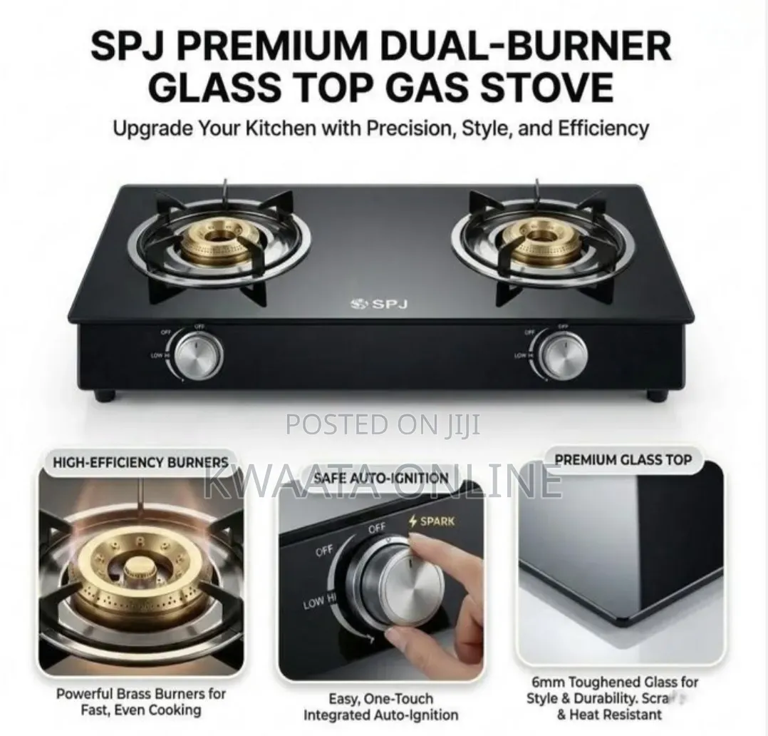 SPJ Double Burner Glass Gas Stove With Auto Ignition - Black