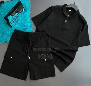 Men Set Short-Sleeve Button Polo and Matching Drawstring Cargo Shorts