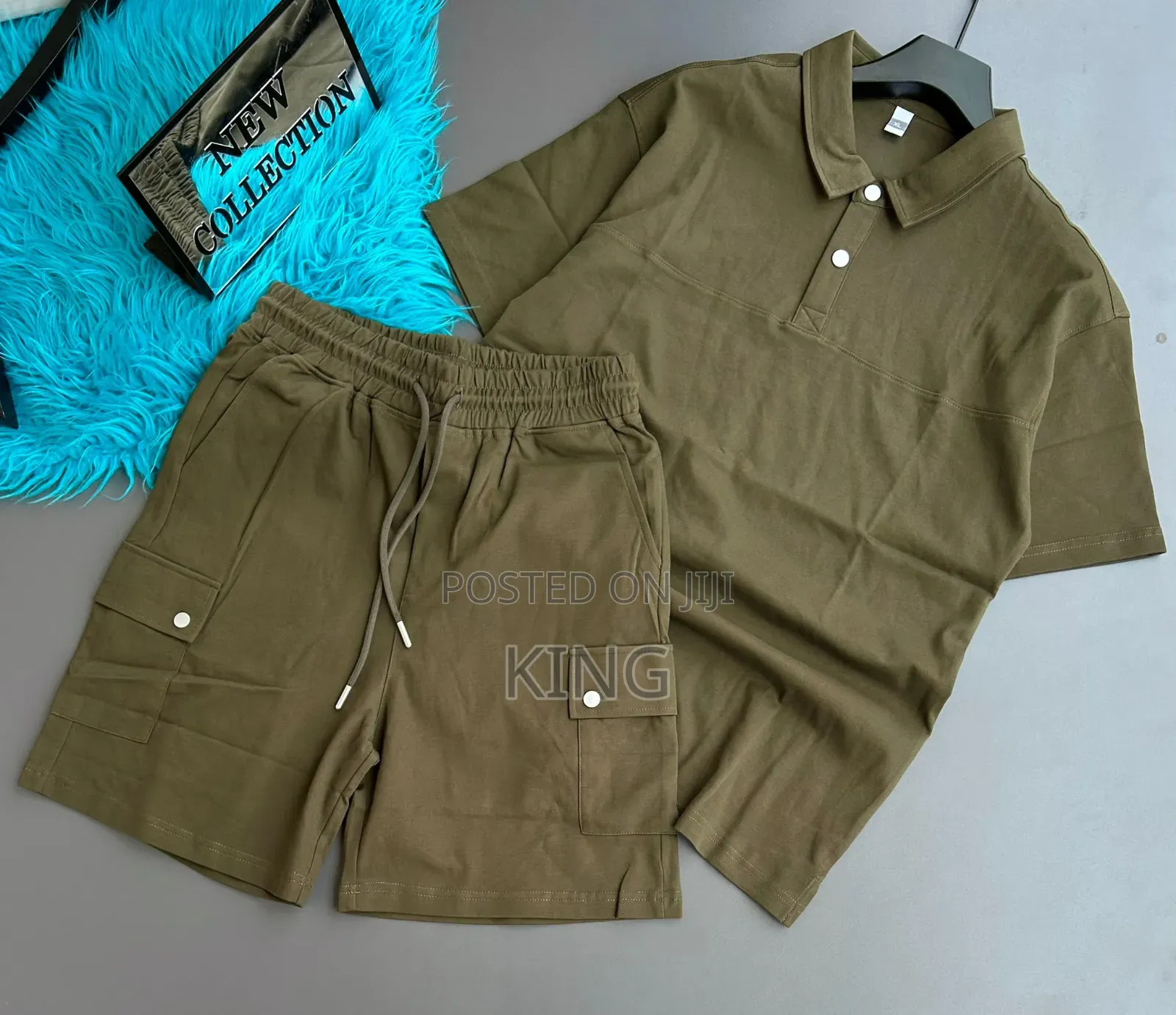 Men Set Short-Sleeve Button Polo and Matching Drawstring Cargo Shorts