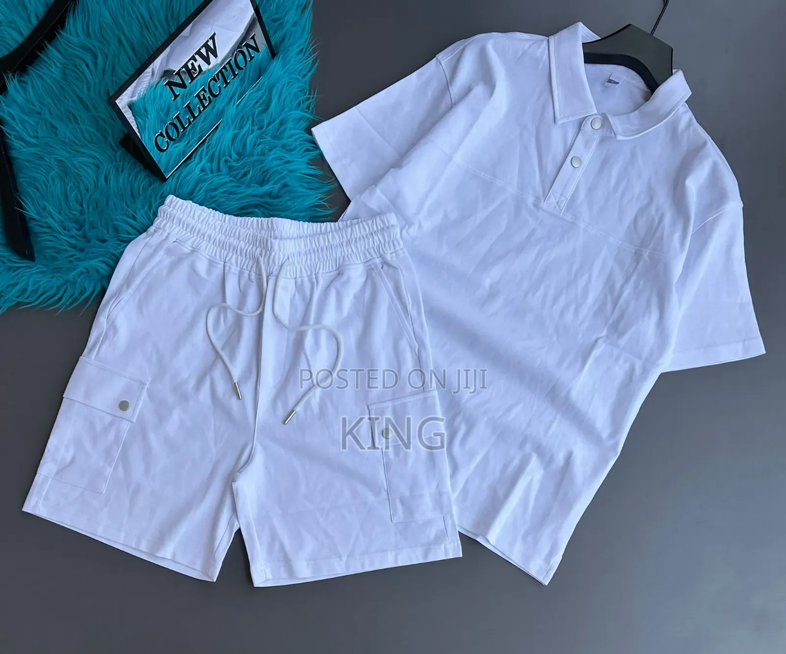 Men Set Short-Sleeve Button Polo and Matching Drawstring Cargo Shorts