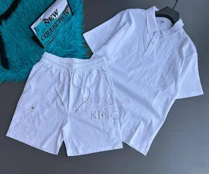 Men Set Short-Sleeve Button Polo and Matching Drawstring Cargo Shorts