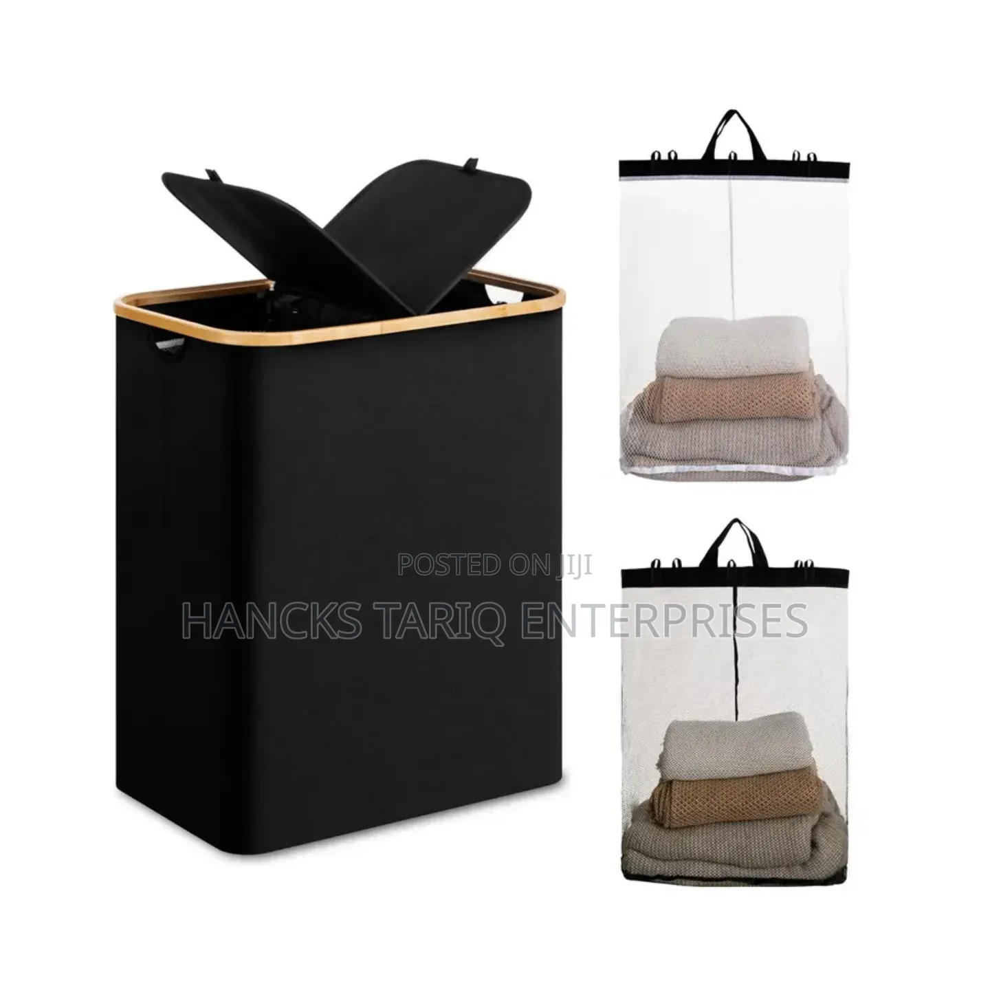Premium Laundry Hamper – Durable Black Fabric With Wooden Rim