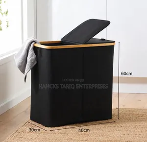 Premium Laundry Hamper – Durable Black Fabric With Wooden Rim