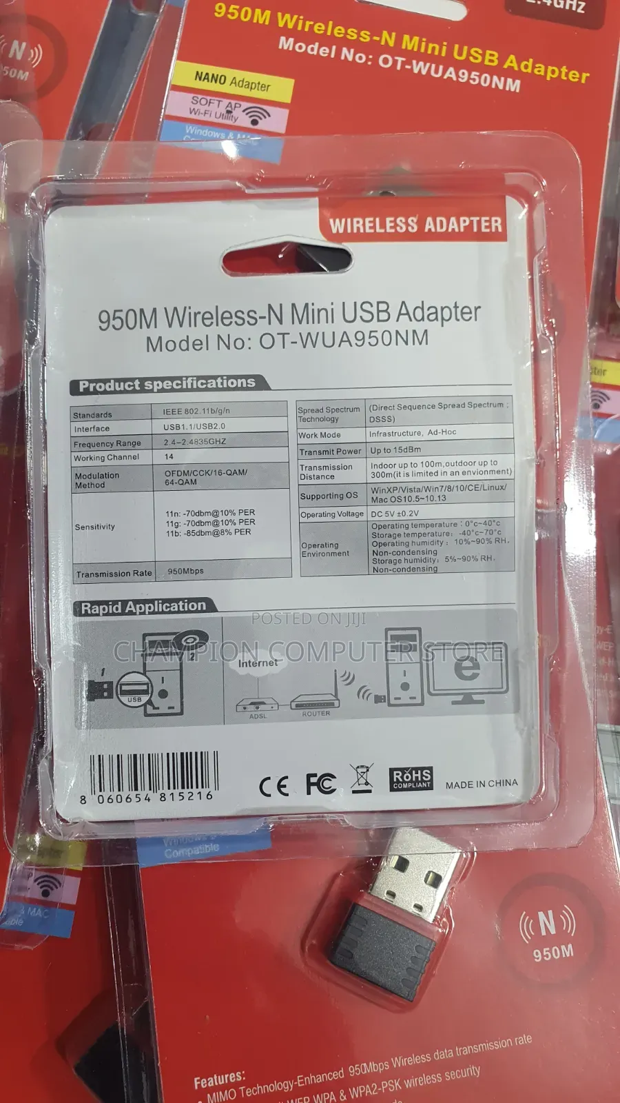 Usb Wireless-N 950m Adapter(Ot-Wua950nm) 2.4ghz for Desktop Laptop