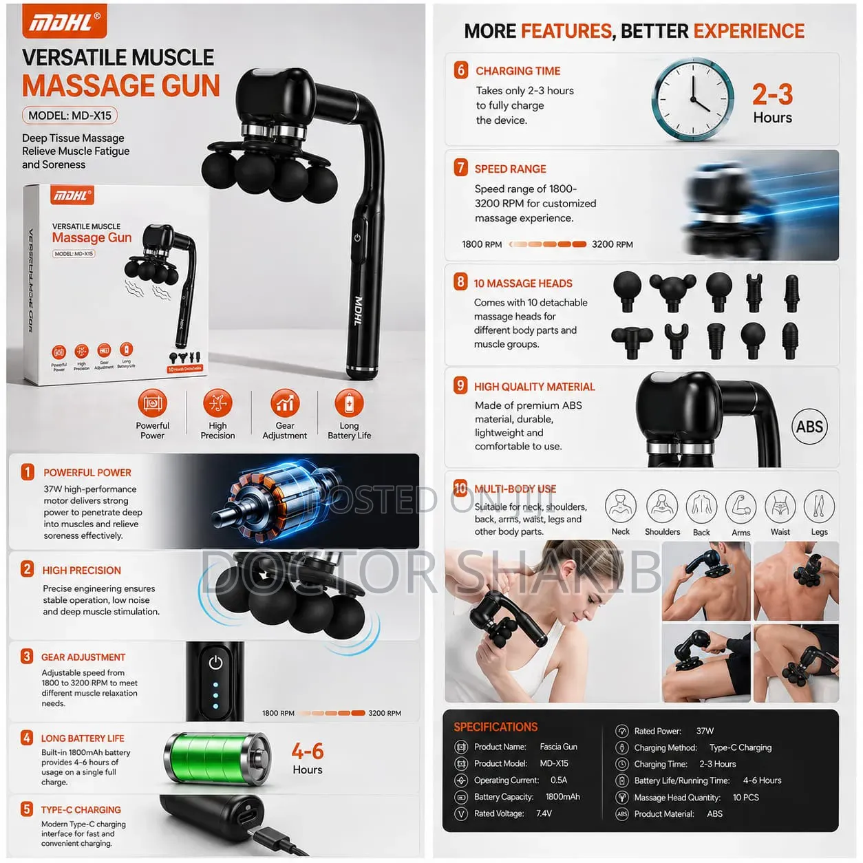 MDHL Deep Tissue Massage Gun – 10 Heads Portable Body Massager